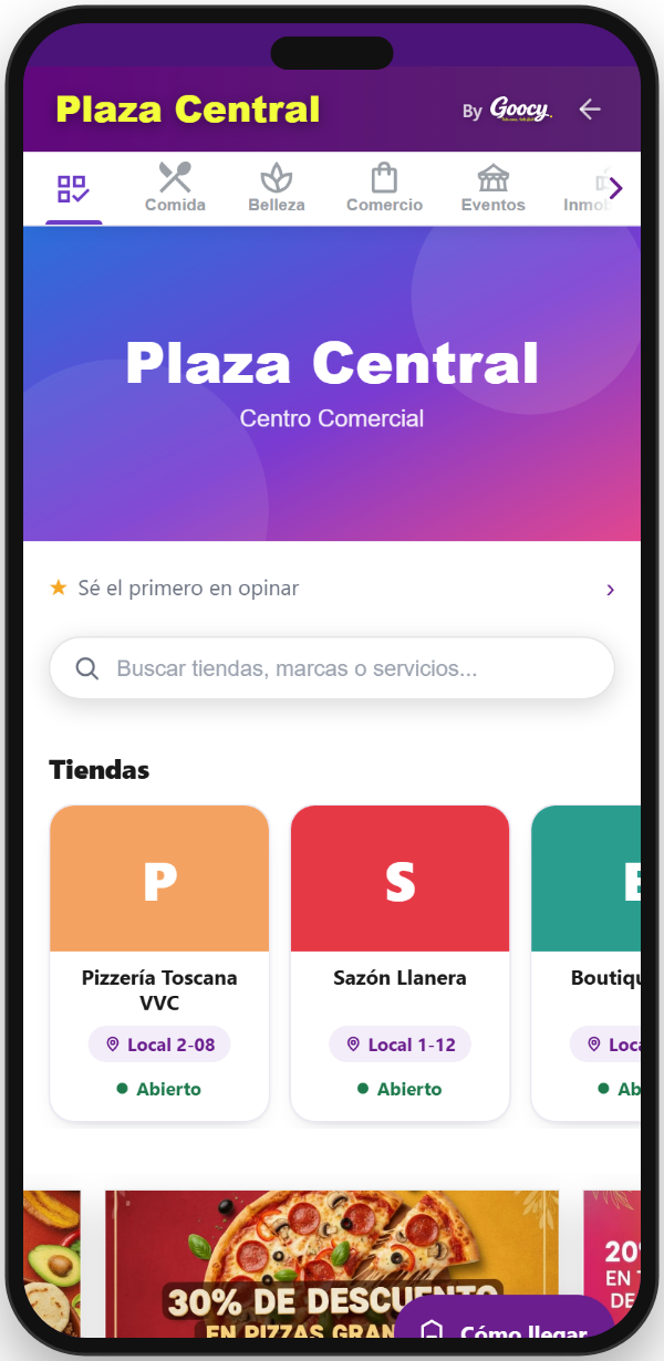 Captura de un Goocy Hub: encabezado con la marca del centro comercial, categorías, buscador y tiendas