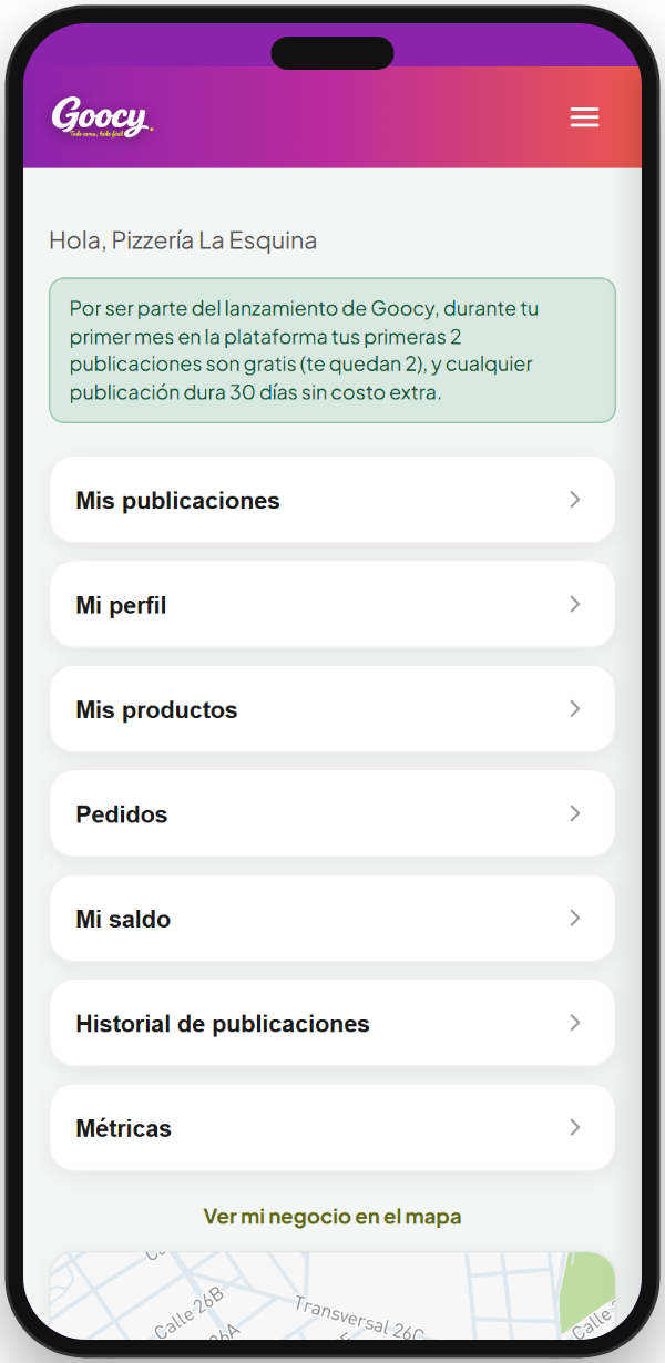 Panel de comercio de Goocy con Mis publicaciones, Mi perfil, Mis productos, Pedidos, Mi saldo y Métricas